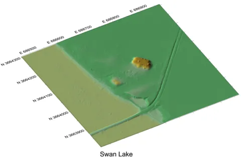 Relief map showing Swan Lake Mounds